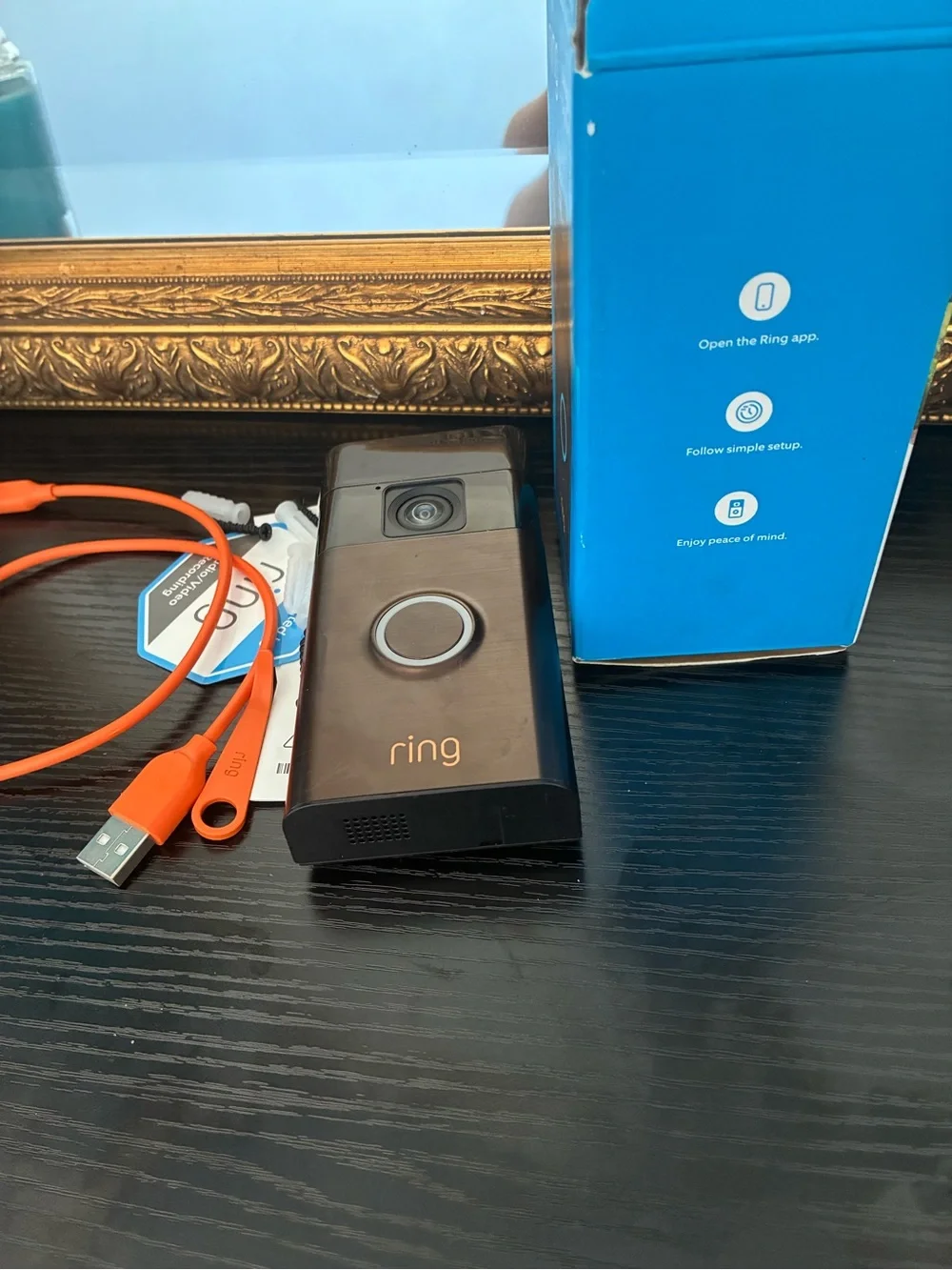 Ring Video Venetian Bronze Doorbell in Black with Orange USB Cable